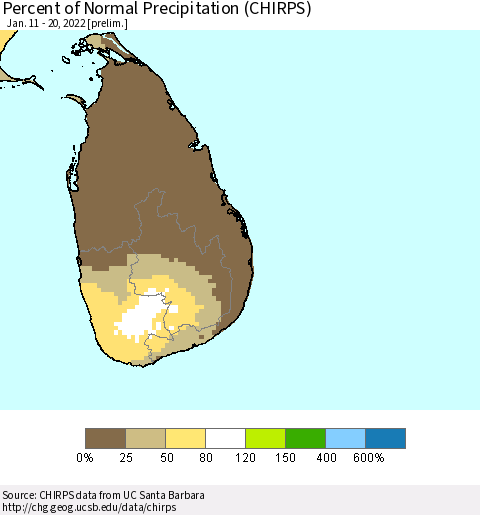 Sri Lanka Percent of Normal Precipitation (CHIRPS) Thematic Map For 1/11/2022 - 1/20/2022