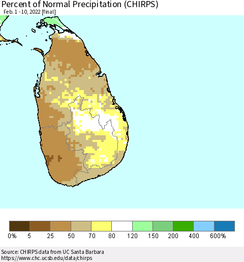Sri Lanka Percent of Normal Precipitation (CHIRPS) Thematic Map For 2/1/2022 - 2/10/2022