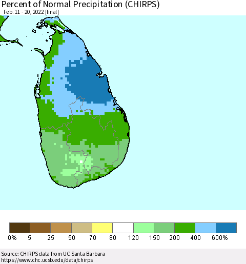 Sri Lanka Percent of Normal Precipitation (CHIRPS) Thematic Map For 2/11/2022 - 2/20/2022