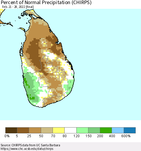 Sri Lanka Percent of Normal Precipitation (CHIRPS) Thematic Map For 2/21/2022 - 2/28/2022