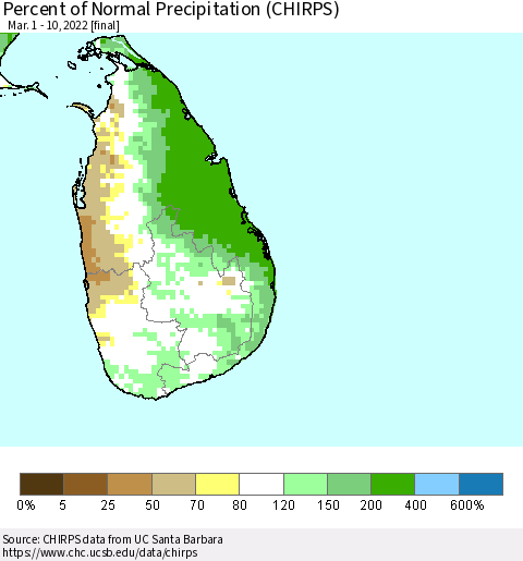 Sri Lanka Percent of Normal Precipitation (CHIRPS) Thematic Map For 3/1/2022 - 3/10/2022