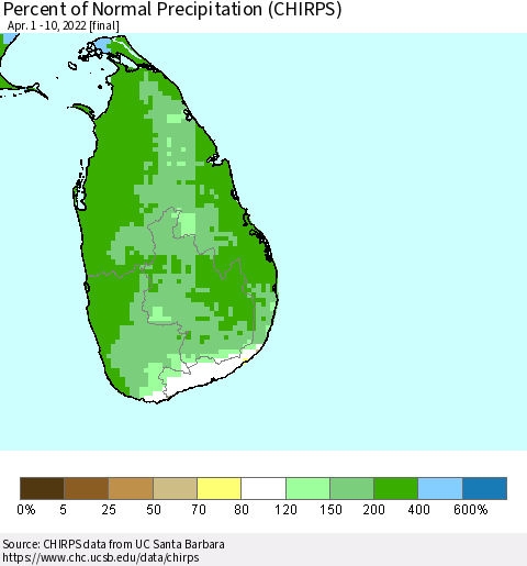 Sri Lanka Percent of Normal Precipitation (CHIRPS) Thematic Map For 4/1/2022 - 4/10/2022