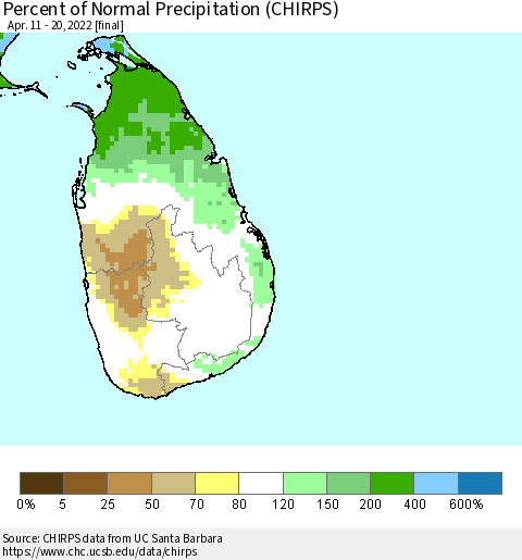 Sri Lanka Percent of Normal Precipitation (CHIRPS) Thematic Map For 4/11/2022 - 4/20/2022