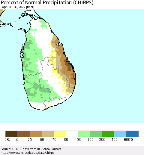 Sri Lanka Percent of Normal Precipitation (CHIRPS) Thematic Map For 4/21/2022 - 4/30/2022