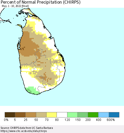 Sri Lanka Percent of Normal Precipitation (CHIRPS) Thematic Map For 5/1/2022 - 5/10/2022