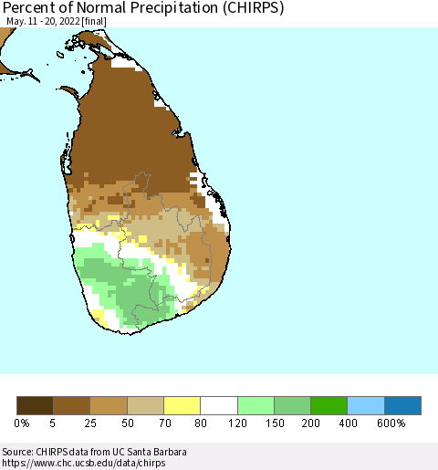 Sri Lanka Percent of Normal Precipitation (CHIRPS) Thematic Map For 5/11/2022 - 5/20/2022