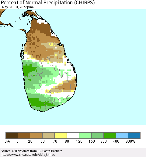 Sri Lanka Percent of Normal Precipitation (CHIRPS) Thematic Map For 5/21/2022 - 5/31/2022