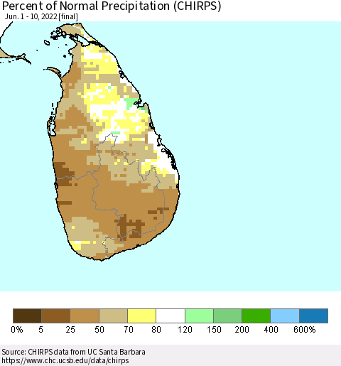 Sri Lanka Percent of Normal Precipitation (CHIRPS) Thematic Map For 6/1/2022 - 6/10/2022