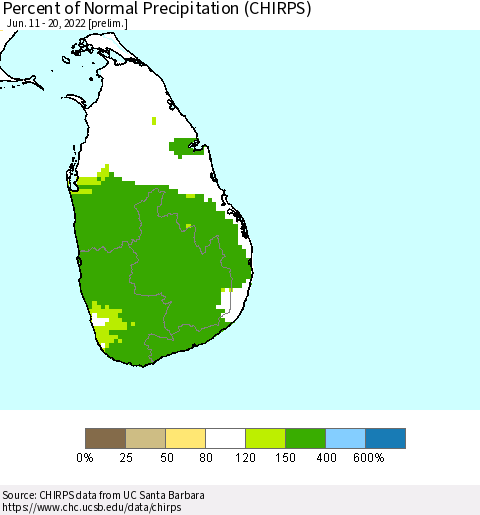 Sri Lanka Percent of Normal Precipitation (CHIRPS) Thematic Map For 6/11/2022 - 6/20/2022