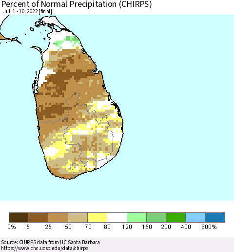 Sri Lanka Percent of Normal Precipitation (CHIRPS) Thematic Map For 7/1/2022 - 7/10/2022