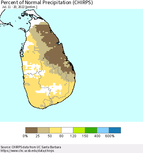 Sri Lanka Percent of Normal Precipitation (CHIRPS) Thematic Map For 7/11/2022 - 7/20/2022