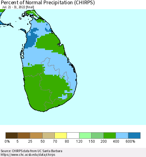 Sri Lanka Percent of Normal Precipitation (CHIRPS) Thematic Map For 7/21/2022 - 7/31/2022