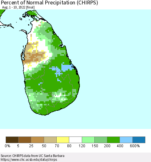 Sri Lanka Percent of Normal Precipitation (CHIRPS) Thematic Map For 8/1/2022 - 8/10/2022