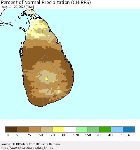 Sri Lanka Percent of Normal Precipitation (CHIRPS) Thematic Map For 8/11/2022 - 8/20/2022