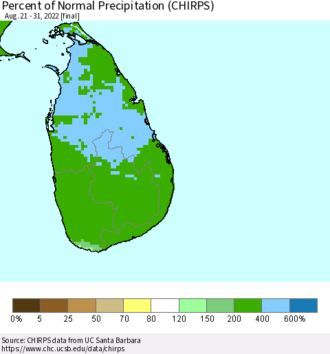 Sri Lanka Percent of Normal Precipitation (CHIRPS) Thematic Map For 8/21/2022 - 8/31/2022