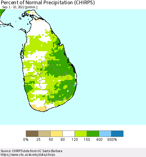 Sri Lanka Percent of Normal Precipitation (CHIRPS) Thematic Map For 9/1/2022 - 9/10/2022