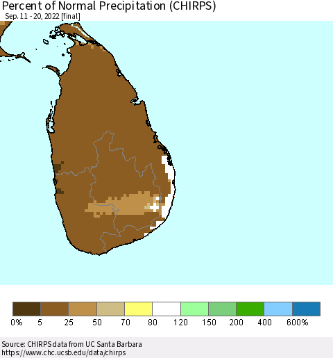Sri Lanka Percent of Normal Precipitation (CHIRPS) Thematic Map For 9/11/2022 - 9/20/2022