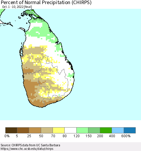 Sri Lanka Percent of Normal Precipitation (CHIRPS) Thematic Map For 10/1/2022 - 10/10/2022