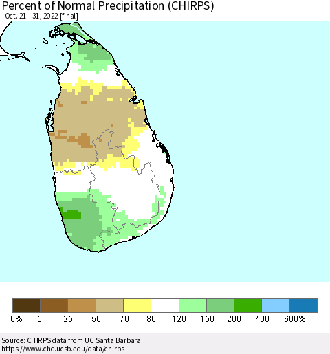 Sri Lanka Percent of Normal Precipitation (CHIRPS) Thematic Map For 10/21/2022 - 10/31/2022