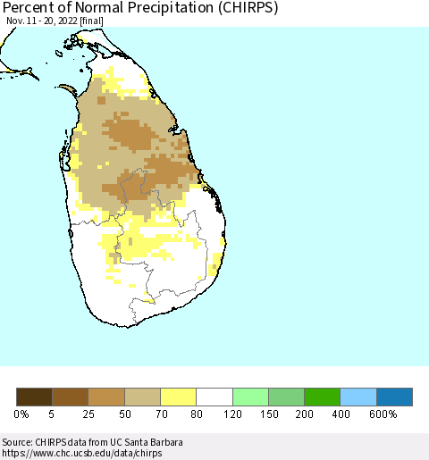 Sri Lanka Percent of Normal Precipitation (CHIRPS) Thematic Map For 11/11/2022 - 11/20/2022