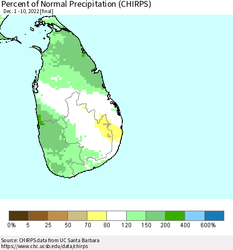 Sri Lanka Percent of Normal Precipitation (CHIRPS) Thematic Map For 12/1/2022 - 12/10/2022