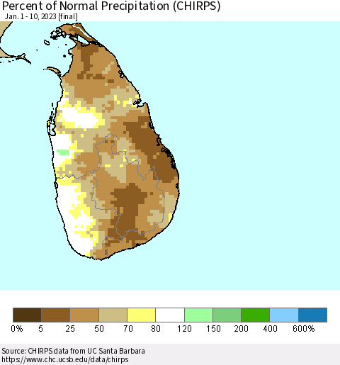 Sri Lanka Percent of Normal Precipitation (CHIRPS) Thematic Map For 1/1/2023 - 1/10/2023