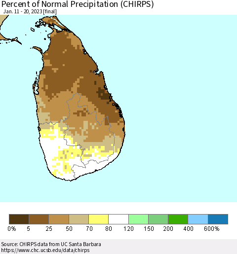 Sri Lanka Percent of Normal Precipitation (CHIRPS) Thematic Map For 1/11/2023 - 1/20/2023