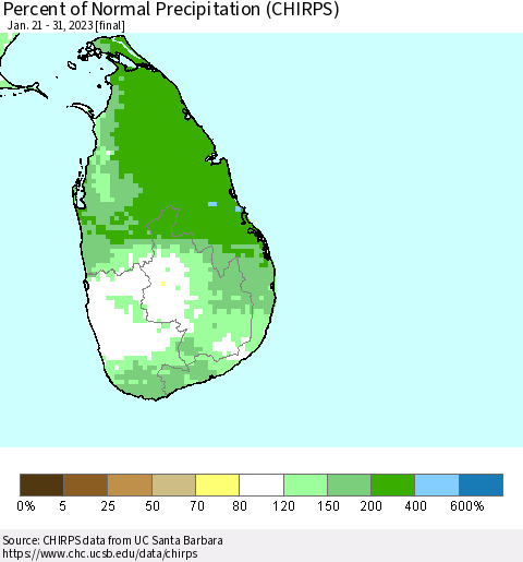 Sri Lanka Percent of Normal Precipitation (CHIRPS) Thematic Map For 1/21/2023 - 1/31/2023