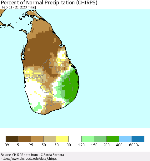 Sri Lanka Percent of Normal Precipitation (CHIRPS) Thematic Map For 2/11/2023 - 2/20/2023