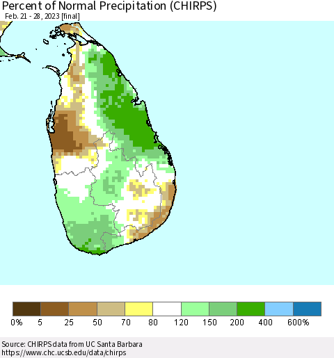 Sri Lanka Percent of Normal Precipitation (CHIRPS) Thematic Map For 2/21/2023 - 2/28/2023