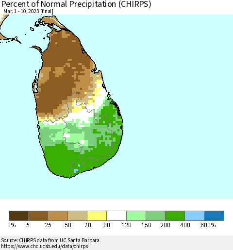 Sri Lanka Percent of Normal Precipitation (CHIRPS) Thematic Map For 3/1/2023 - 3/10/2023