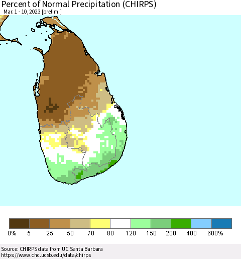 Sri Lanka Percent of Normal Precipitation (CHIRPS) Thematic Map For 3/1/2023 - 3/10/2023