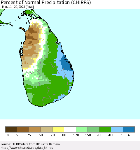 Sri Lanka Percent of Normal Precipitation (CHIRPS) Thematic Map For 3/11/2023 - 3/20/2023