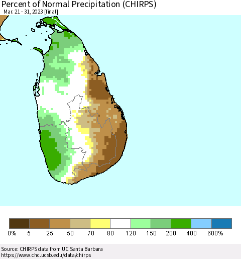 Sri Lanka Percent of Normal Precipitation (CHIRPS) Thematic Map For 3/21/2023 - 3/31/2023