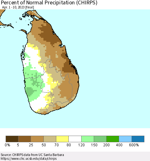 Sri Lanka Percent of Normal Precipitation (CHIRPS) Thematic Map For 4/1/2023 - 4/10/2023