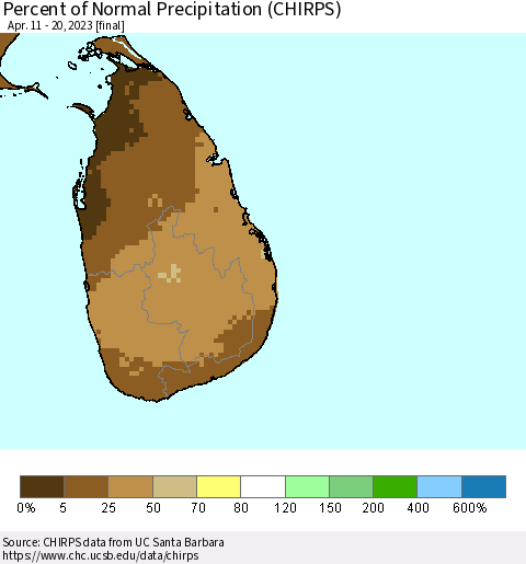 Sri Lanka Percent of Normal Precipitation (CHIRPS) Thematic Map For 4/11/2023 - 4/20/2023