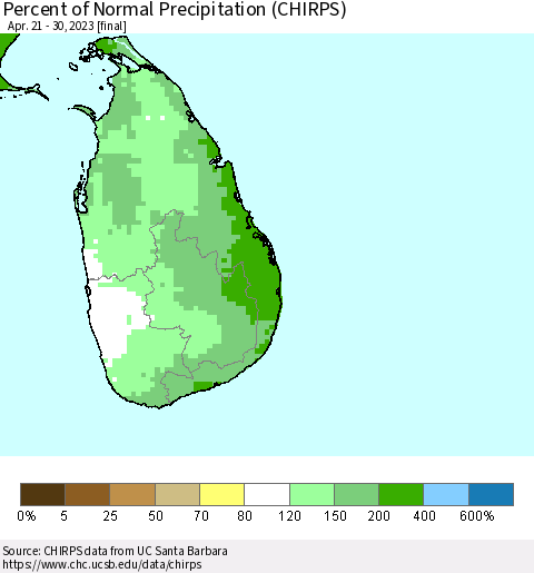 Sri Lanka Percent of Normal Precipitation (CHIRPS) Thematic Map For 4/21/2023 - 4/30/2023