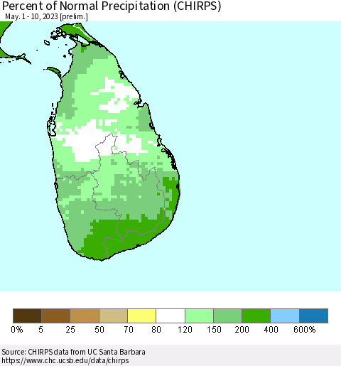 Sri Lanka Percent of Normal Precipitation (CHIRPS) Thematic Map For 5/1/2023 - 5/10/2023