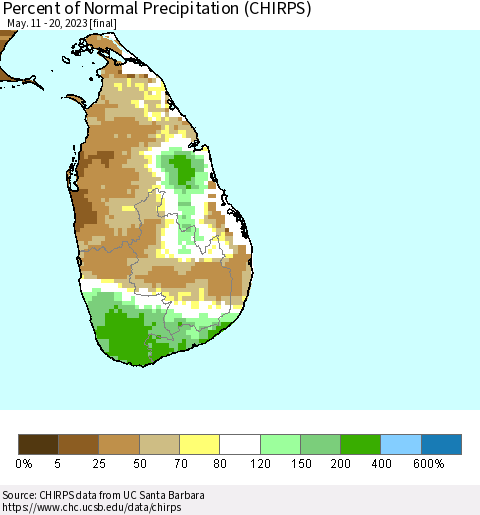 Sri Lanka Percent of Normal Precipitation (CHIRPS) Thematic Map For 5/11/2023 - 5/20/2023