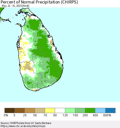Sri Lanka Percent of Normal Precipitation (CHIRPS) Thematic Map For 5/21/2023 - 5/31/2023