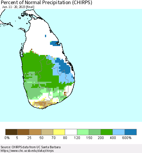 Sri Lanka Percent of Normal Precipitation (CHIRPS) Thematic Map For 6/11/2023 - 6/20/2023