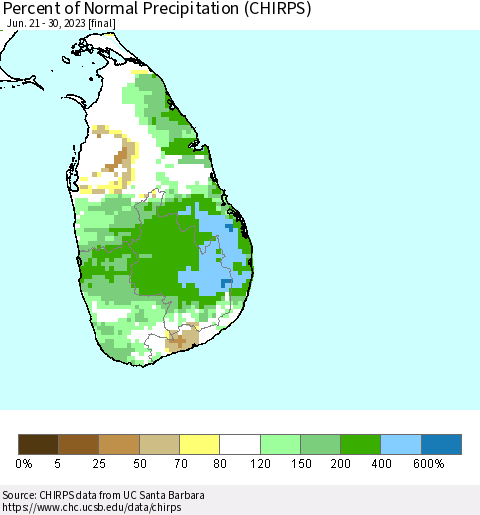 Sri Lanka Percent of Normal Precipitation (CHIRPS) Thematic Map For 6/21/2023 - 6/30/2023