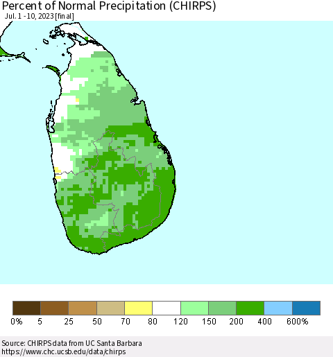 Sri Lanka Percent of Normal Precipitation (CHIRPS) Thematic Map For 7/1/2023 - 7/10/2023