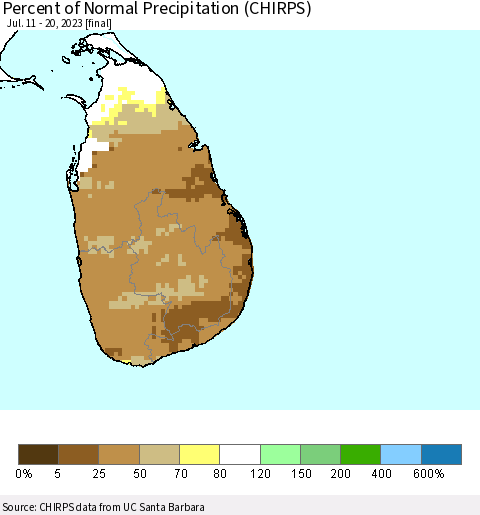 Sri Lanka Percent of Normal Precipitation (CHIRPS) Thematic Map For 7/11/2023 - 7/20/2023