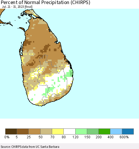 Sri Lanka Percent of Normal Precipitation (CHIRPS) Thematic Map For 7/21/2023 - 7/31/2023