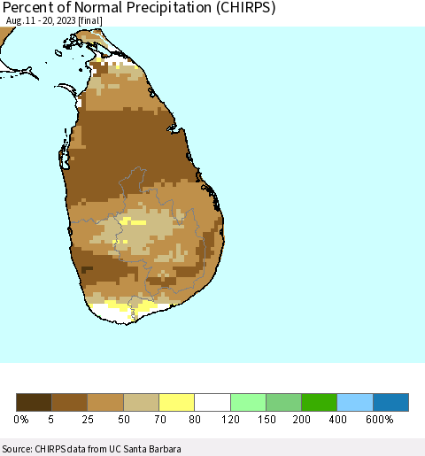 Sri Lanka Percent of Normal Precipitation (CHIRPS) Thematic Map For 8/11/2023 - 8/20/2023