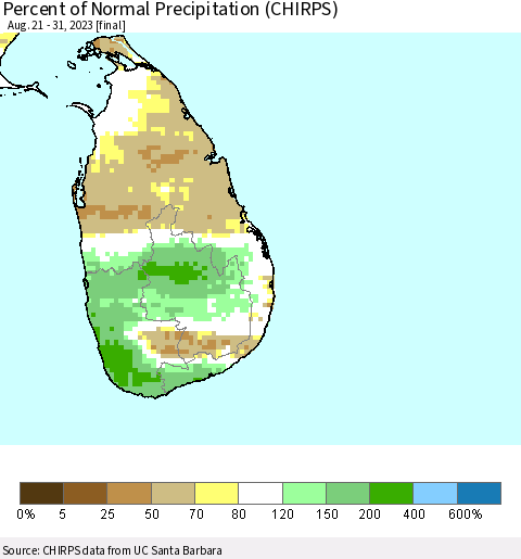 Sri Lanka Percent of Normal Precipitation (CHIRPS) Thematic Map For 8/21/2023 - 8/31/2023