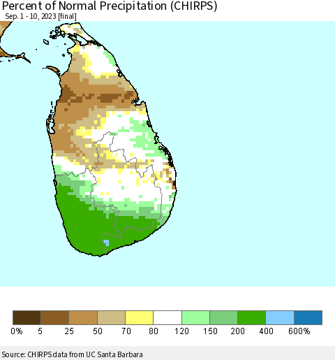 Sri Lanka Percent of Normal Precipitation (CHIRPS) Thematic Map For 9/1/2023 - 9/10/2023