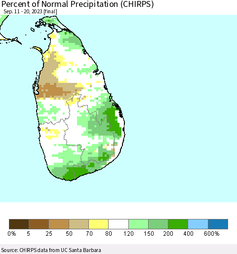Sri Lanka Percent of Normal Precipitation (CHIRPS) Thematic Map For 9/11/2023 - 9/20/2023