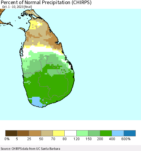 Sri Lanka Percent of Normal Precipitation (CHIRPS) Thematic Map For 10/1/2023 - 10/10/2023